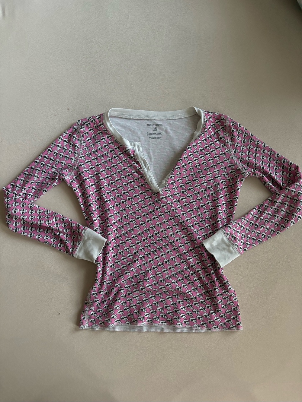 roller rabbit kids size 10 youth henley pajama top pink skulls